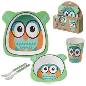 Eco friendly Children Toddler Baby 5 Piece Organic Bamboo Dinnerware Set - Owl